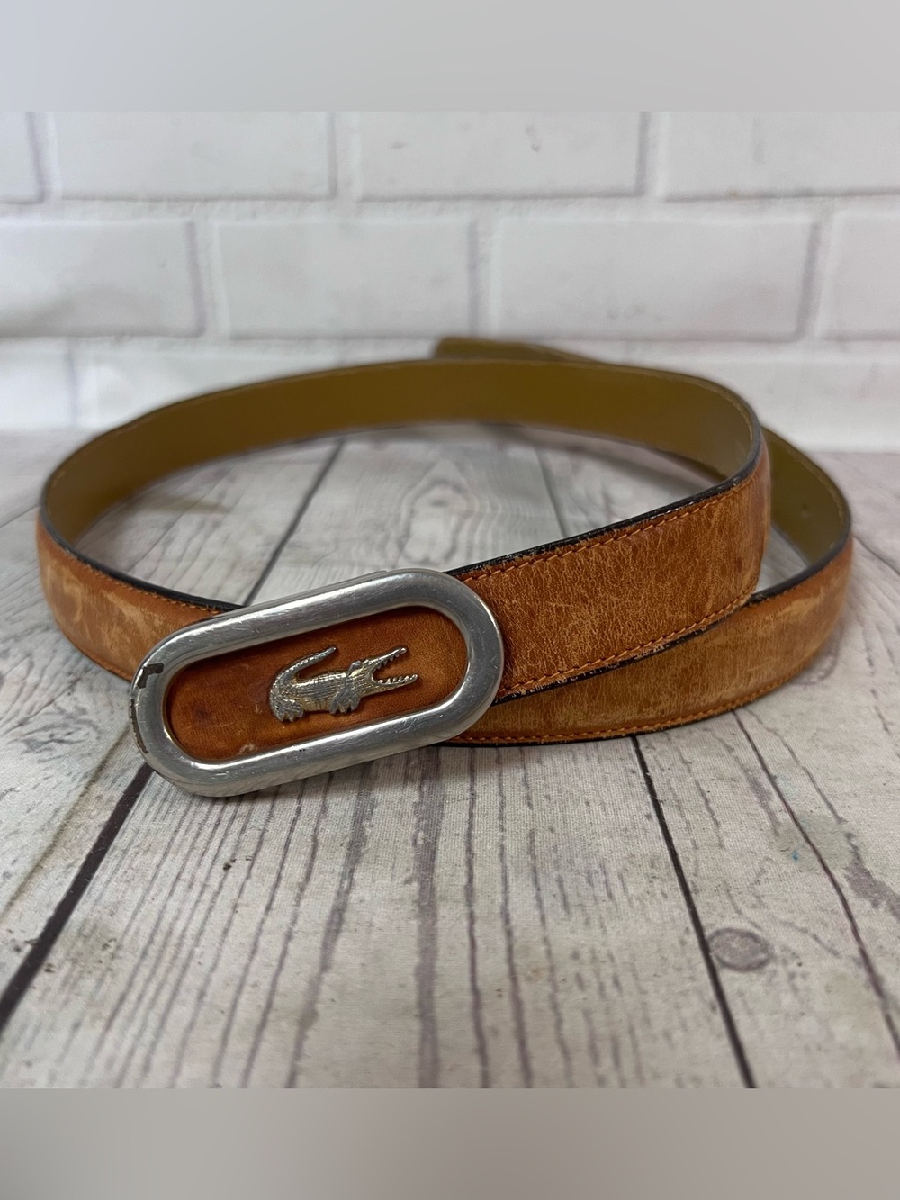 Vintage Lacoste Brown Leather Belt sz 34 Silver Oval Crocodile Buckle Distressed